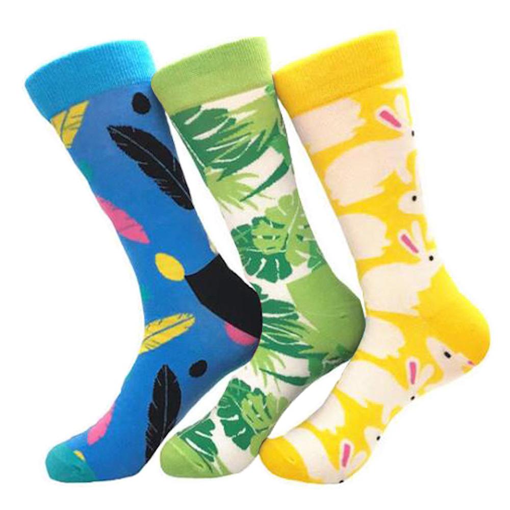 AESO-S012 Men's Feather Leaf Rabbit Printed 3pk Assorted Bundle Colorful Socks - Amedeo Exclusive
