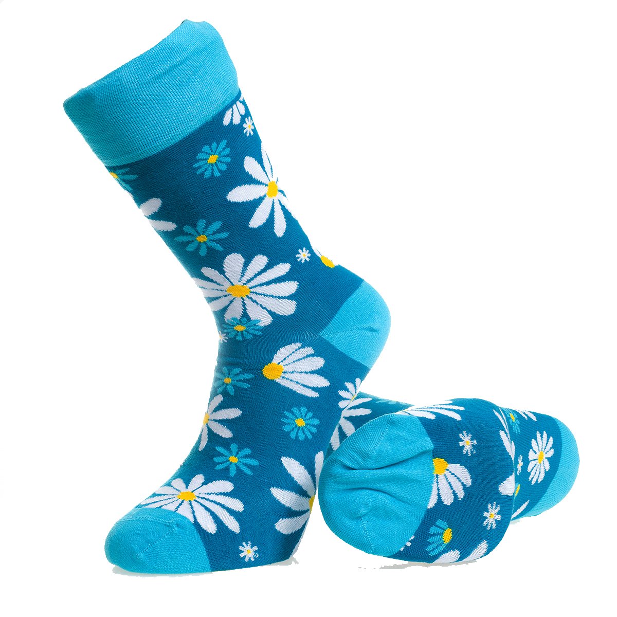 CA0202_1 Blue With White Flowers-European Made - Egyptian Cotton Socks - Premium Cotton Fun socks with Soft Elastic - Image 1