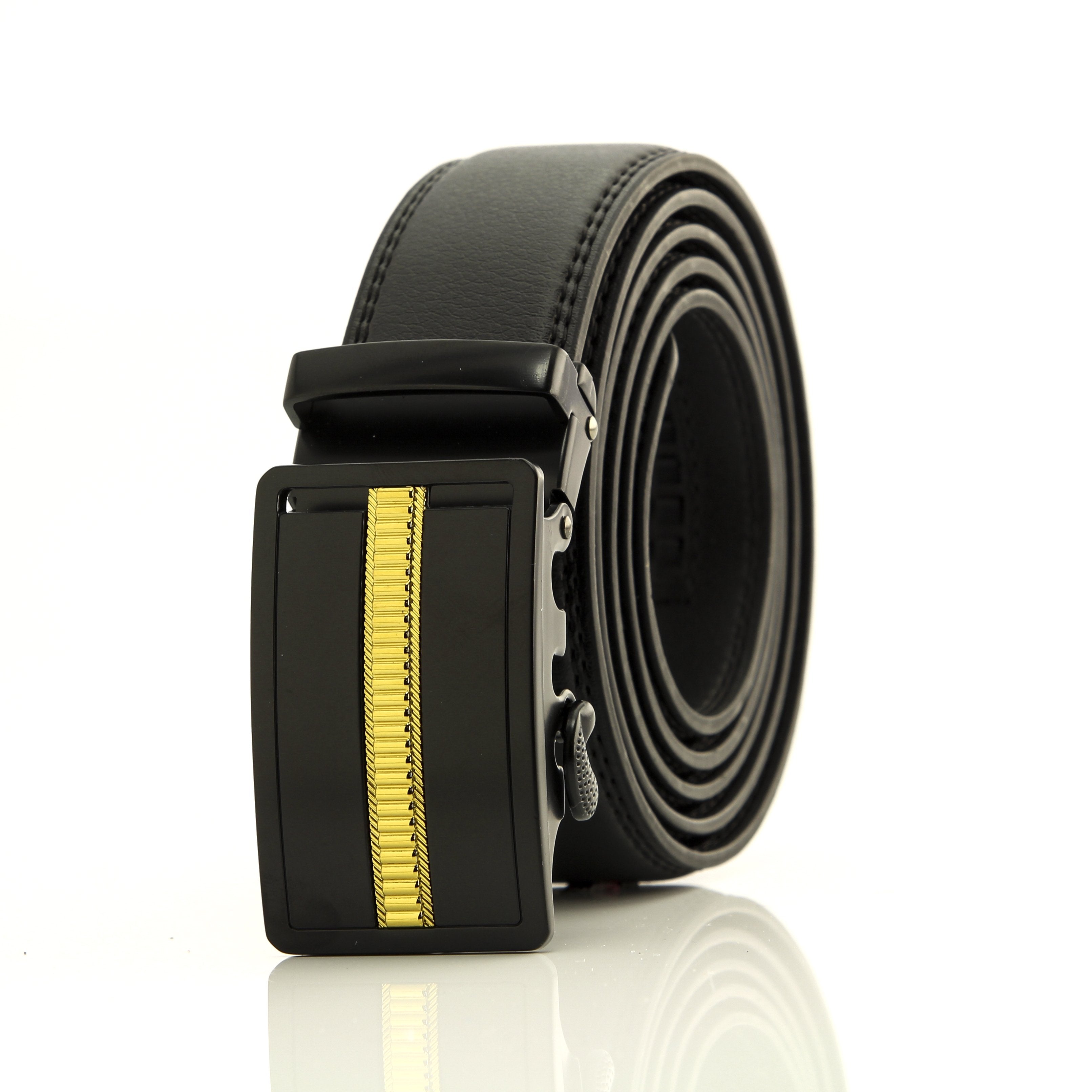 CEB010 Black & Gold Adjustable Ratchet Slide Buckle Belt for Men - Genuine Leather Automatic Belt with No - Celino Corp.