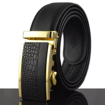 Black Adjustable Ratchet Slide Buckle Belt for Men - Genuine Leather Automatic Belt with No