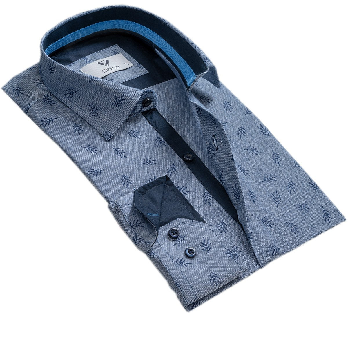 CEBD0151_2 Blue Denim Mens Slim Fit Designer Dress Shirt - tailored Cotton Shirts for Work and Casual Wear - Image 1