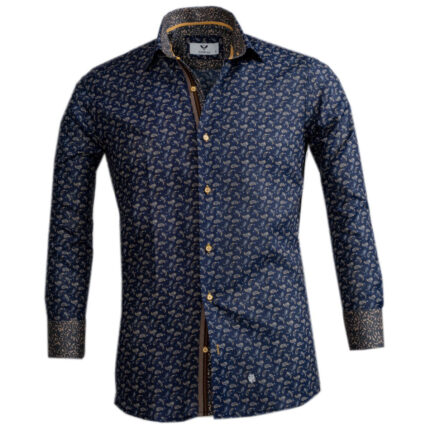 Blue Gold Paisley Mens Slim Fit Designer Dress Shirt - tailored Cotton Shirts for Work and Casual