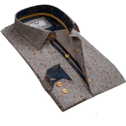 Beige Floral Mens Slim Fit Designer Dress Shirt - tailored Cotton Shirts for Work and Casual Wear