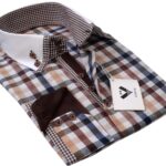 Brown Blue Tan Checkered Mens Slim Fit Designer Dress Shirt - tailored Cotton Shirts for Work and