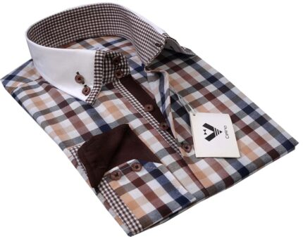 Brown Blue Tan Checkered Mens Slim Fit Designer Dress Shirt - tailored Cotton Shirts for Work and