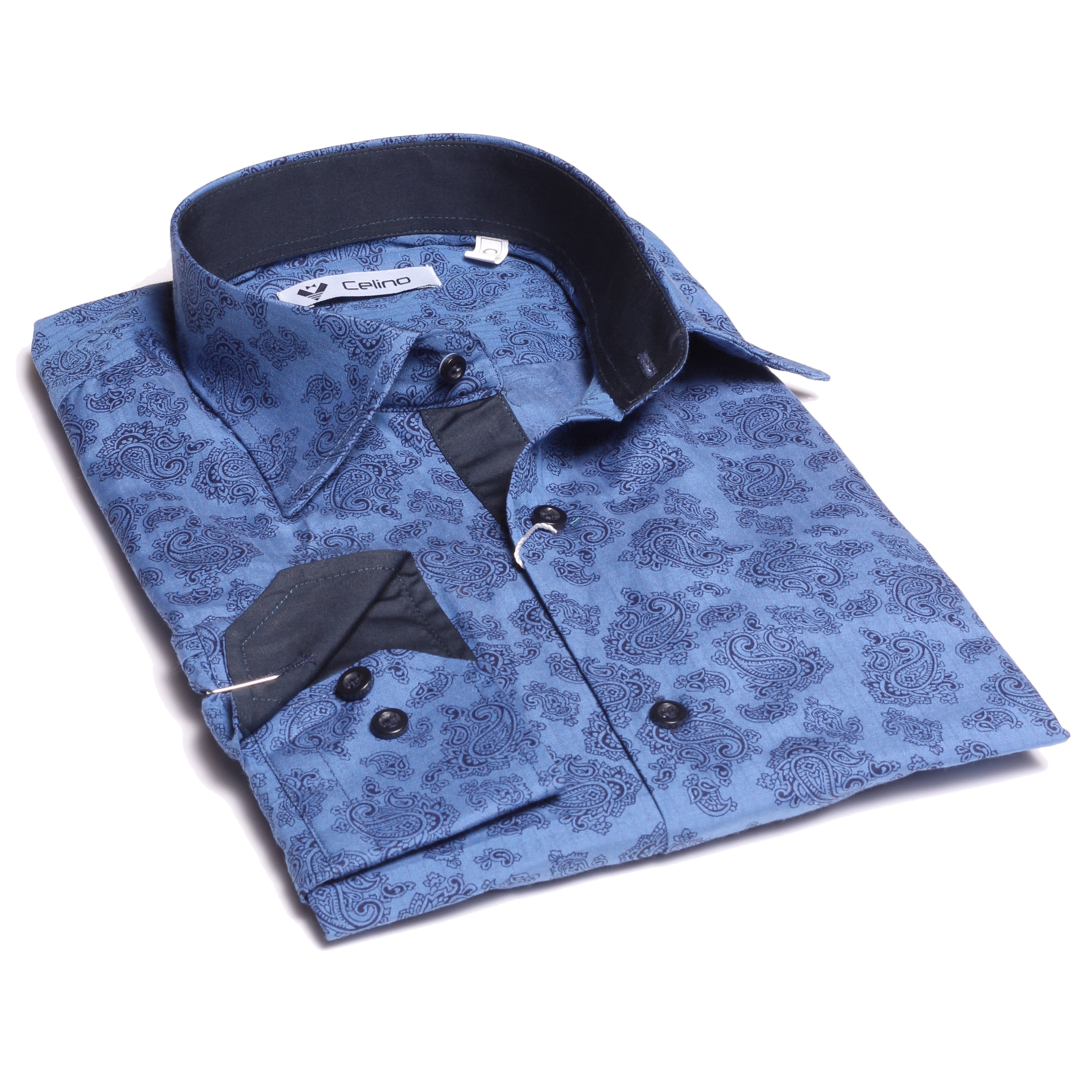 CEBD085Edited Blue Paisley Mens Slim Fit Designer Dress Shirt - tailored Cotton Shirts for Work and Casual Wear - Image 1