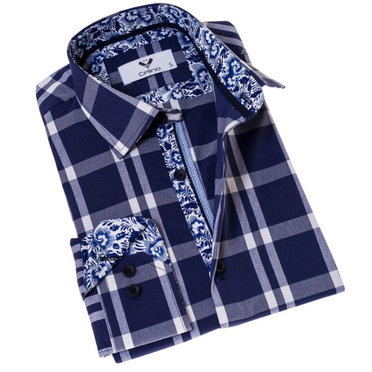Blue White Checkered inside different Slim Fit Designer Dress Shirt - tailored Cotton Shirts for Work - Celino Corp.