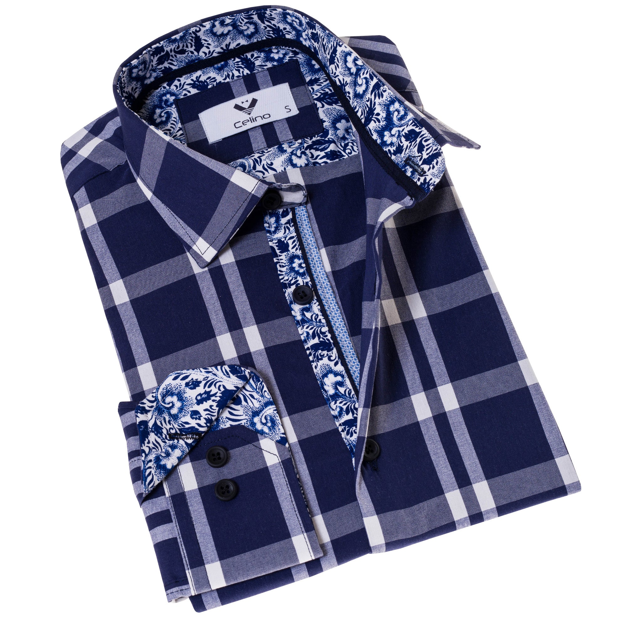 CEBD7208 Blue White Checkered inside different Slim Fit Designer Dress Shirt - tailored Cotton Shirts for Work - Celino Corp.