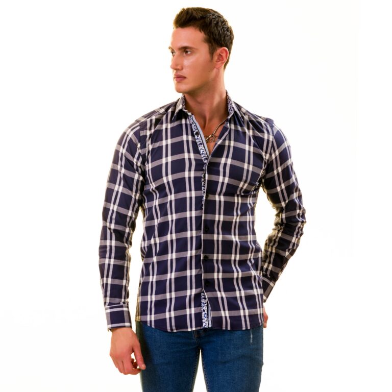 Blue White Checkered inside different Slim Fit Designer Dress Shirt - tailored Cotton Shirts for Work - Celino Corp.