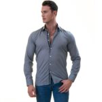 Gray with Navy interior Slim Fit Designer Dress Shirt - tailored Cotton Shirts for Work - Image 2