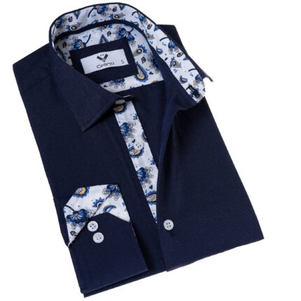 Navy with Blue White Paisley inside Slim Fit Designer Dress Shirt - tailored Cotton Shirts for Work