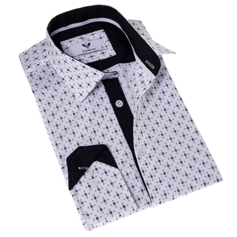 Black Printed White Slim Fit Designer Dress Shirt - tailored Cotton Shirts for Work - Celino Corp.