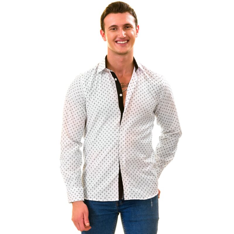 Black Printed White Slim Fit Designer Dress Shirt - tailored Cotton Shirts for Work - Celino Corp.