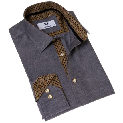 Gray Oxford with Golden Inside Slim Fit Designer Dress Shirt - tailored Cotton Shirts for Work