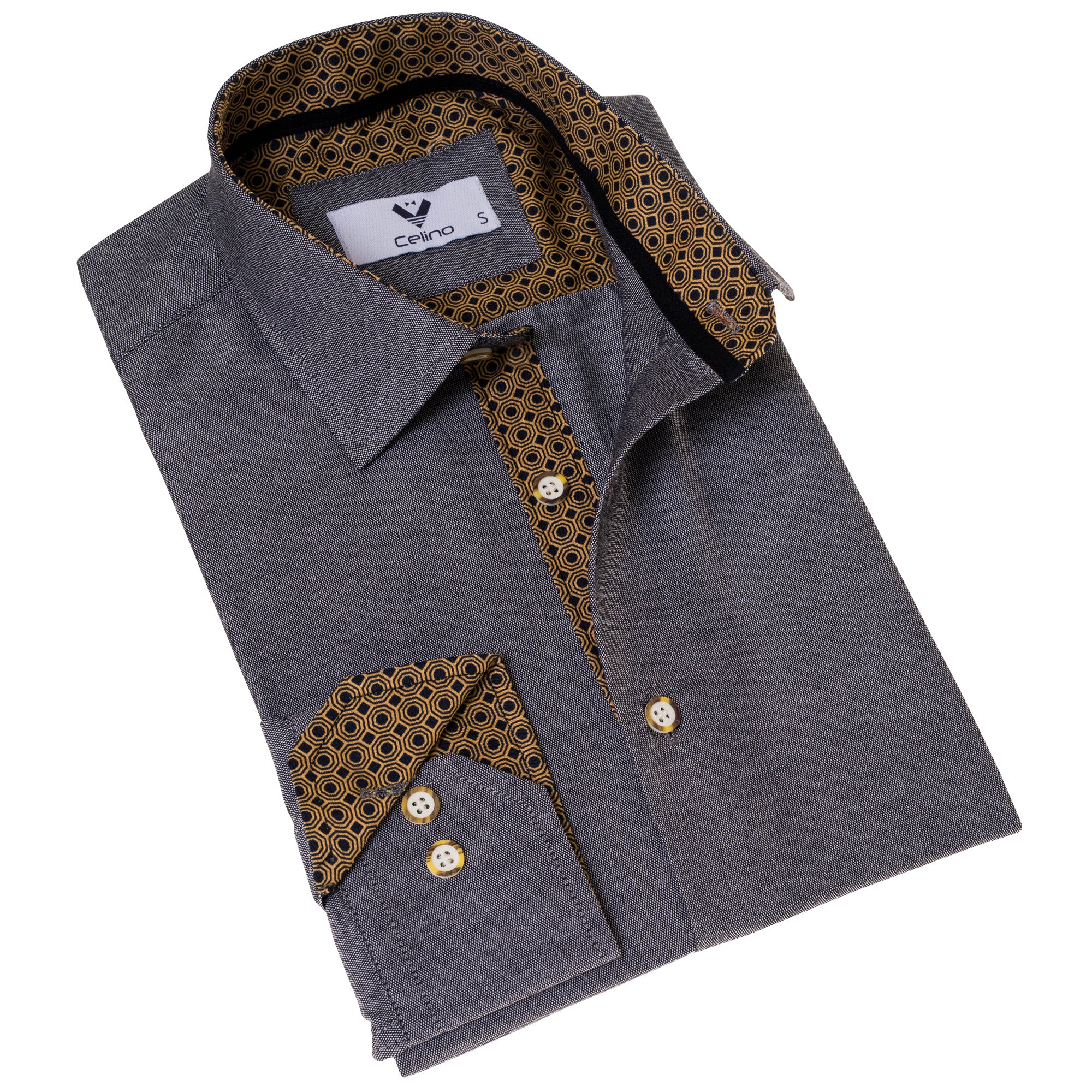 CEBD7214 Gray Oxford with Golden Inside Slim Fit Designer Dress Shirt - tailored Cotton Shirts for Work - Image 1