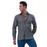 Gray Oxford with Golden Inside Slim Fit Designer Dress Shirt - tailored Cotton Shirts for Work - Image 4