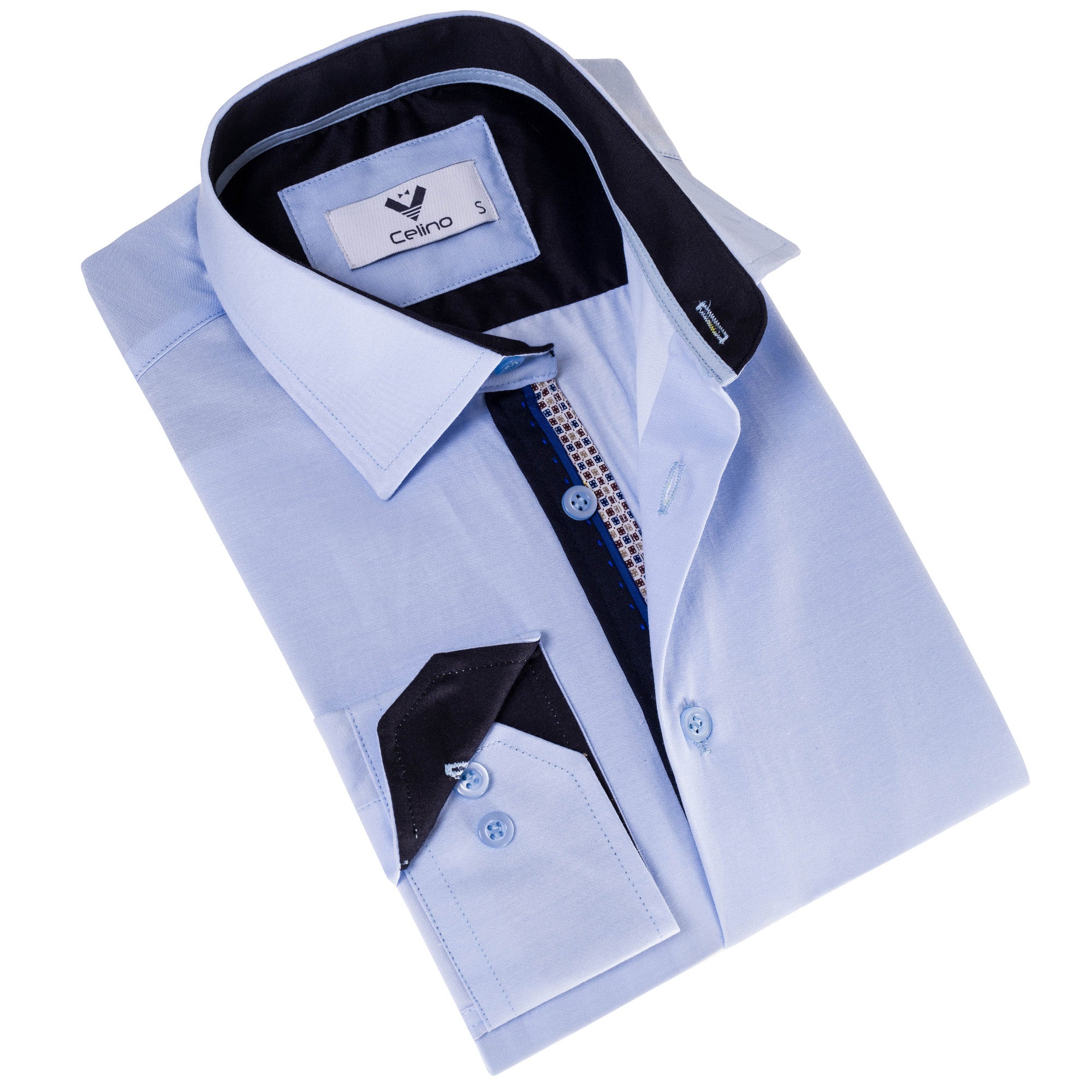 CEBD7215 Light Blue with Printed inside Slim Fit Designer Dress Shirt - tailored Cotton Shirts for Work - Image 1