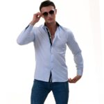 Light Blue with Printed inside Slim Fit Designer Dress Shirt - tailored Cotton Shirts for Work - Image 3
