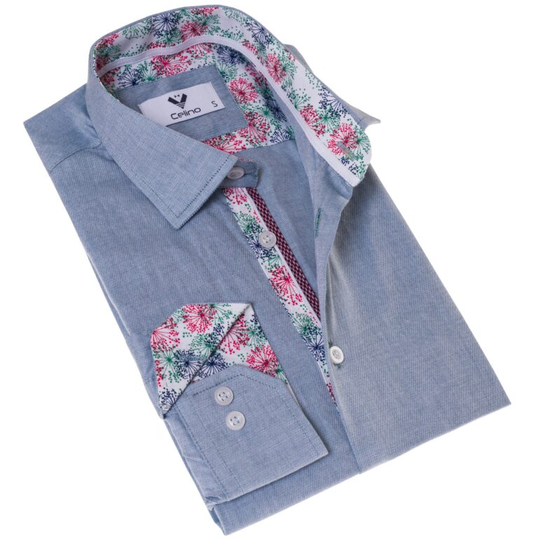 Blue with Floral inside  Slim Fit Designer Dress Shirt - tailored Cotton Shirts for Work - Celino Corp.