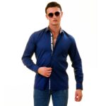 Navy Blue with Floral inside Slim Fit Designer Dress Shirt - tailored Cotton Shirts for Work - Image 2