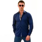 Navy Blue with Floral inside Slim Fit Designer Dress Shirt - tailored Cotton Shirts for Work - Image 3
