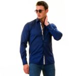 Navy Blue with Floral inside Slim Fit Designer Dress Shirt - tailored Cotton Shirts for Work - Image 4