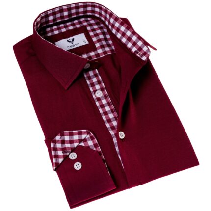 Dark Red with Checkered inside Slim Fit Designer Dress Shirt - tailored Cotton Shirts for Work