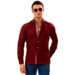 Dark Red with Checkered inside Slim Fit Designer Dress Shirt - tailored Cotton Shirts for Work - Image 2