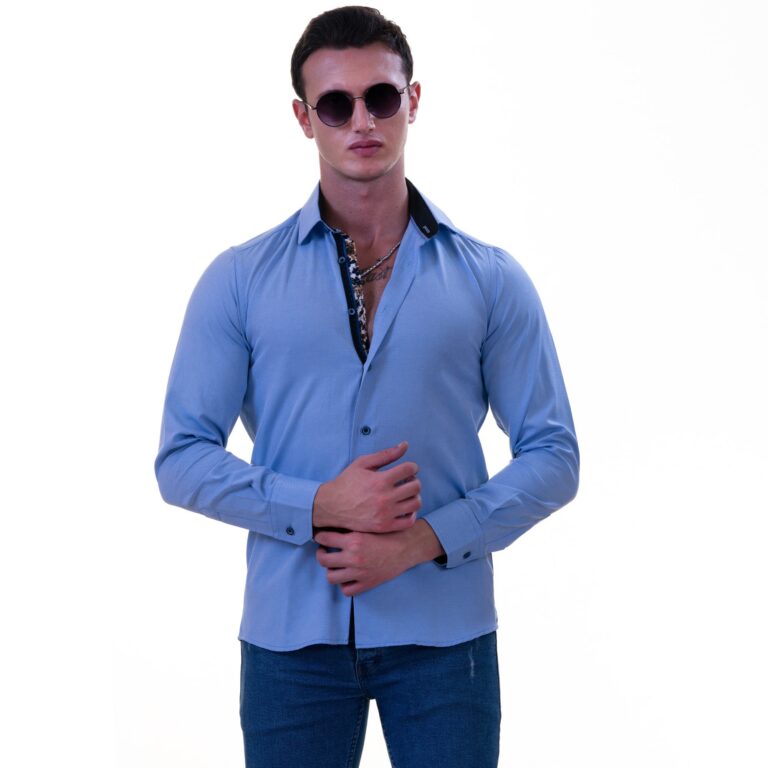 Sky Blue wih Floral inside Slim Fit Designer Dress Shirt - tailored Cotton Shirts for Work - Celino Corp.