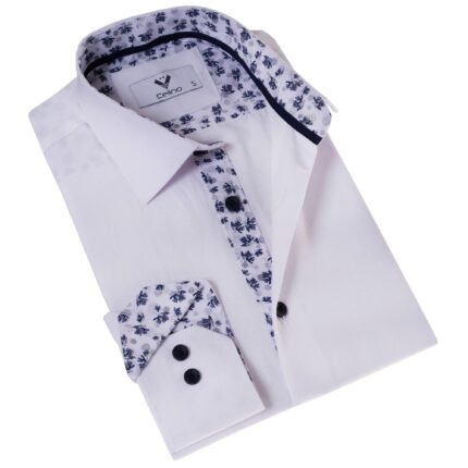 White with Floral inside Slim Fit Designer Dress Shirt - tailored Cotton Shirts for Work
