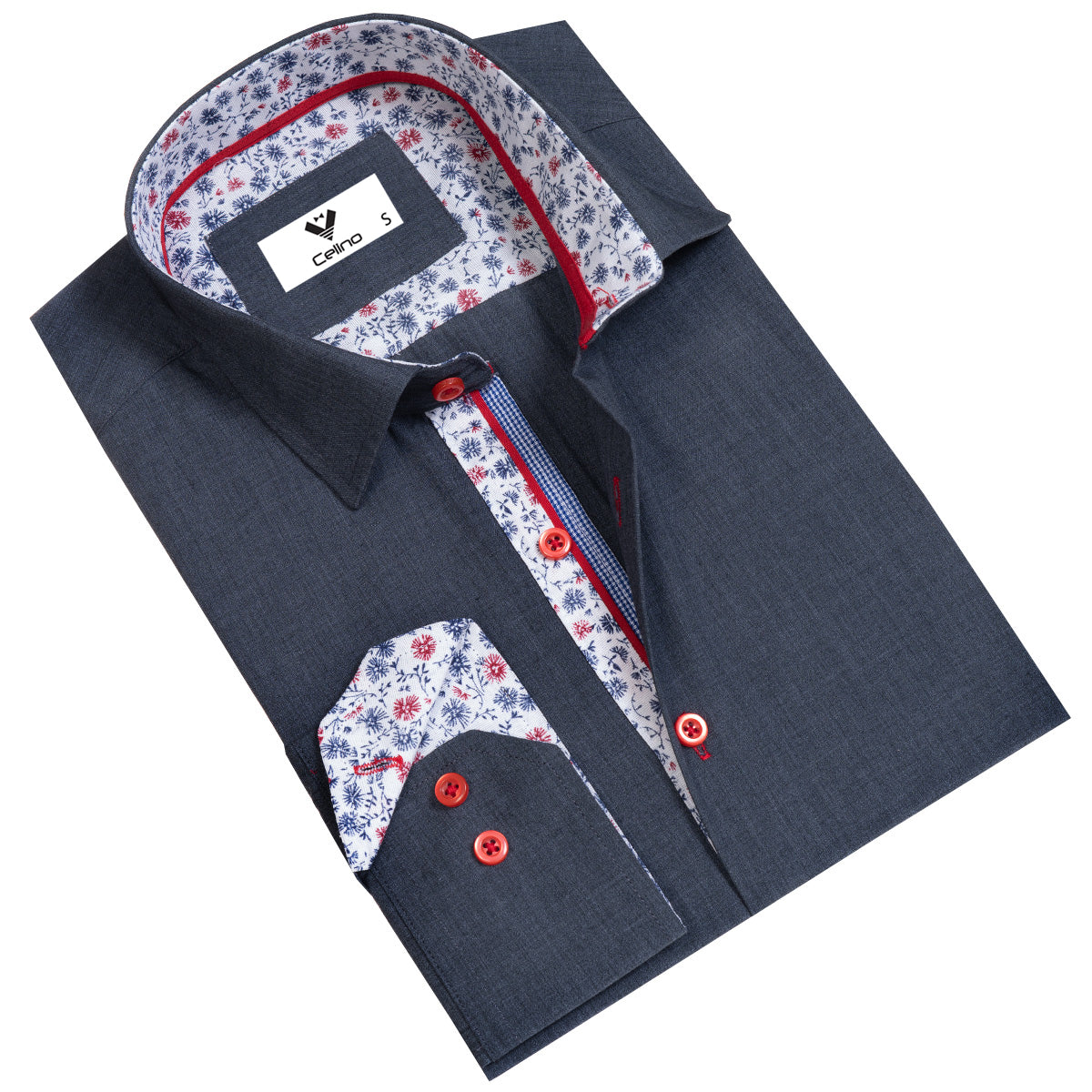 CEBD7680_0 Dark Blue Multicolor Pattern Mens Slim Fit Designer Dress Shirt - tailored Cotton Shirts for Work - Image 1