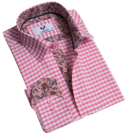Pink Check Mens Slim Fit Designer Dress Shirt - tailored Cotton Shirts for Work