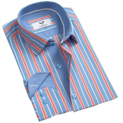 Blue Red Lines Mens Slim Fit Designer Dress Shirt - tailored Cotton Shirts for Work and Casual Wear