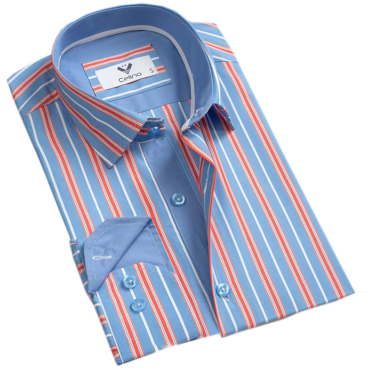 CEBD8125_1 Blue Red Lines Mens Slim Fit Designer Dress Shirt - tailored Cotton Shirts for Work and Casual Wear - Image 1