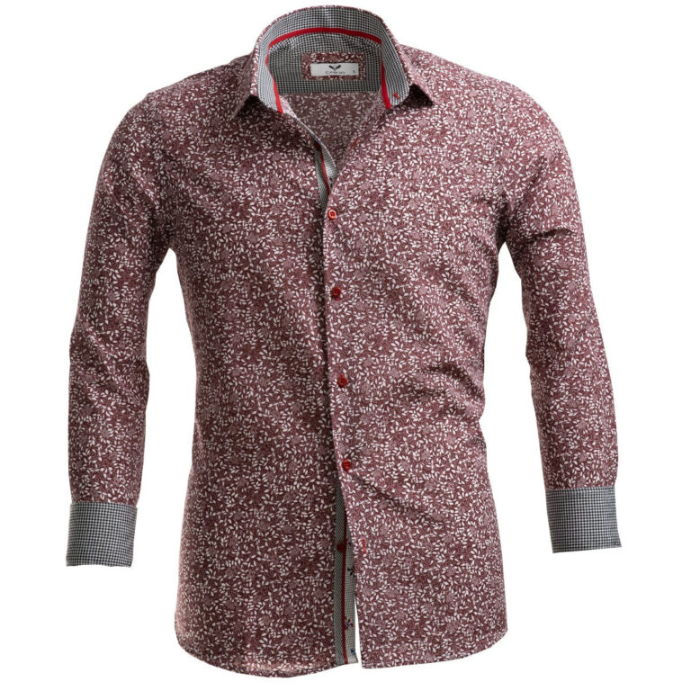 Burgundy White Floral Mens Slim Fit Designer Dress Shirt - tailored Cotton Shirts for Work and - Celino Corp.