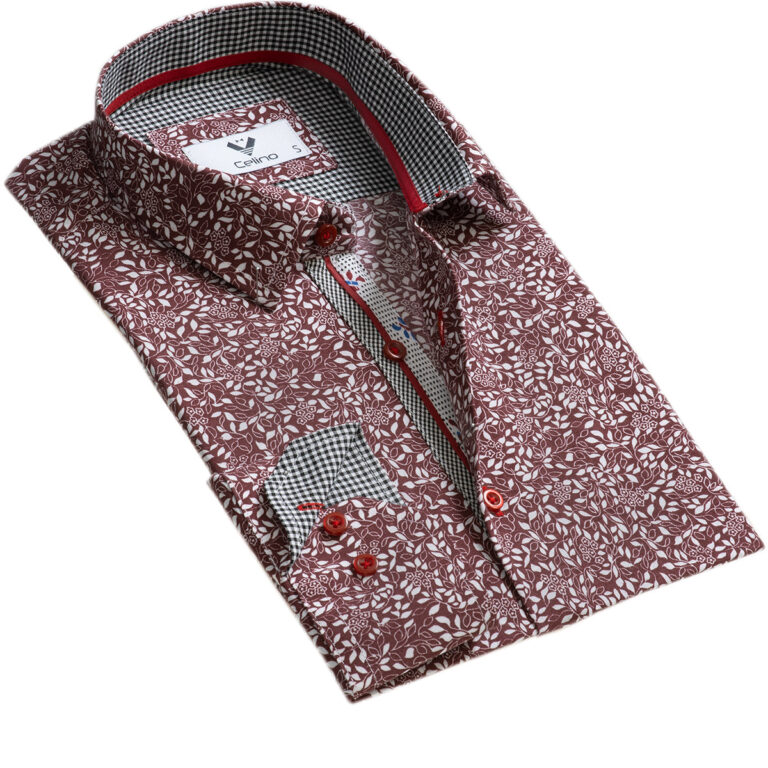 Burgundy White Floral Mens Slim Fit Designer Dress Shirt - tailored Cotton Shirts for Work and - Celino Corp.