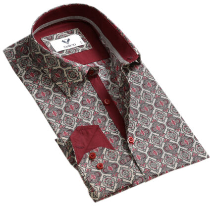 Burgundy Beige Mens Slim Fit Designer Dress Shirt - tailored Cotton Shirts for Work and Casual Wear