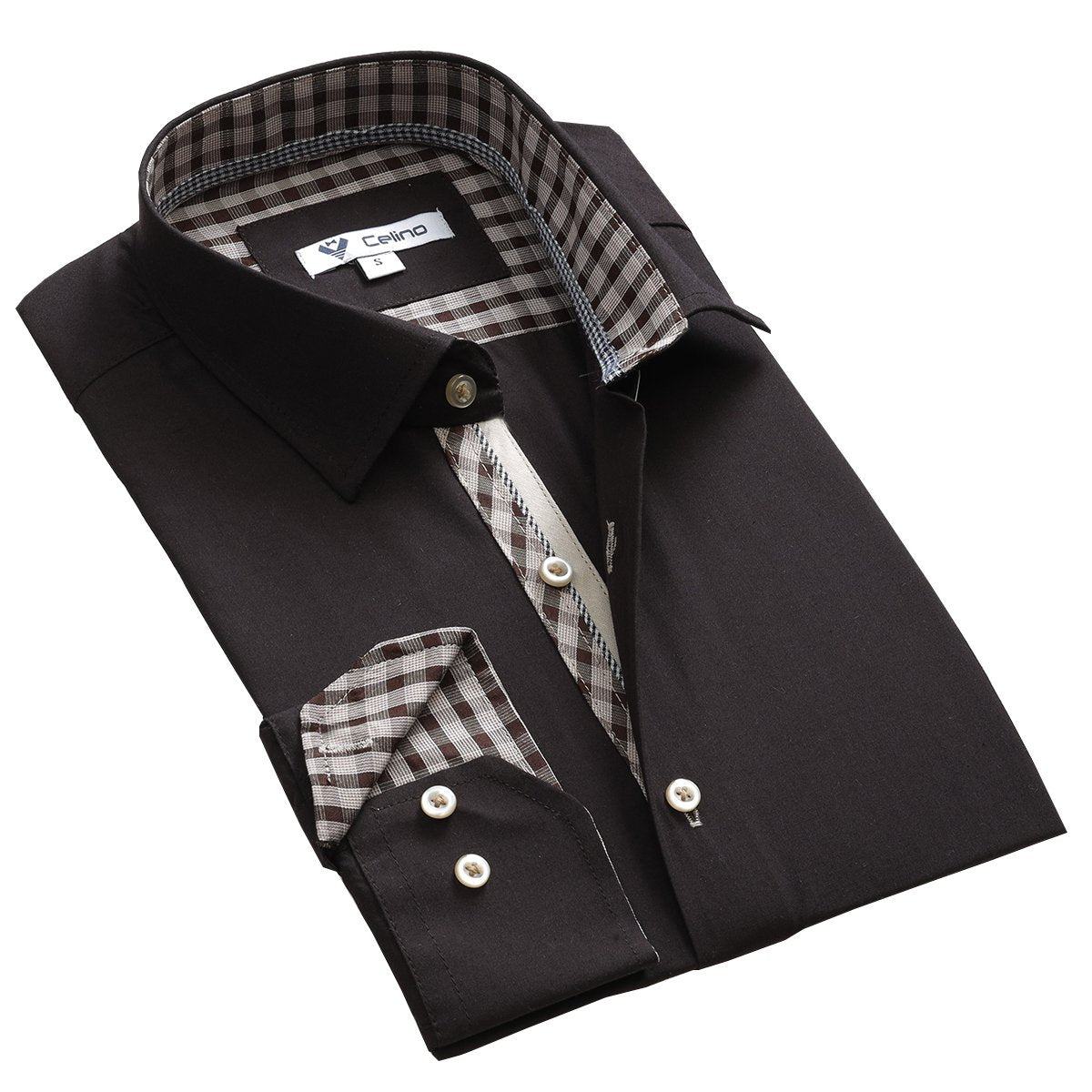 CEBD8350_2 Black With Check Mens Slim Fit Designer Dress Shirt - tailored Cotton Shirts for Work and Casual - Image 1