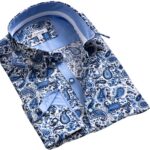 Cream Blue Paisley Mens Slim Fit Designer Dress Shirt - tailored Cotton Shirts for Work and Casual