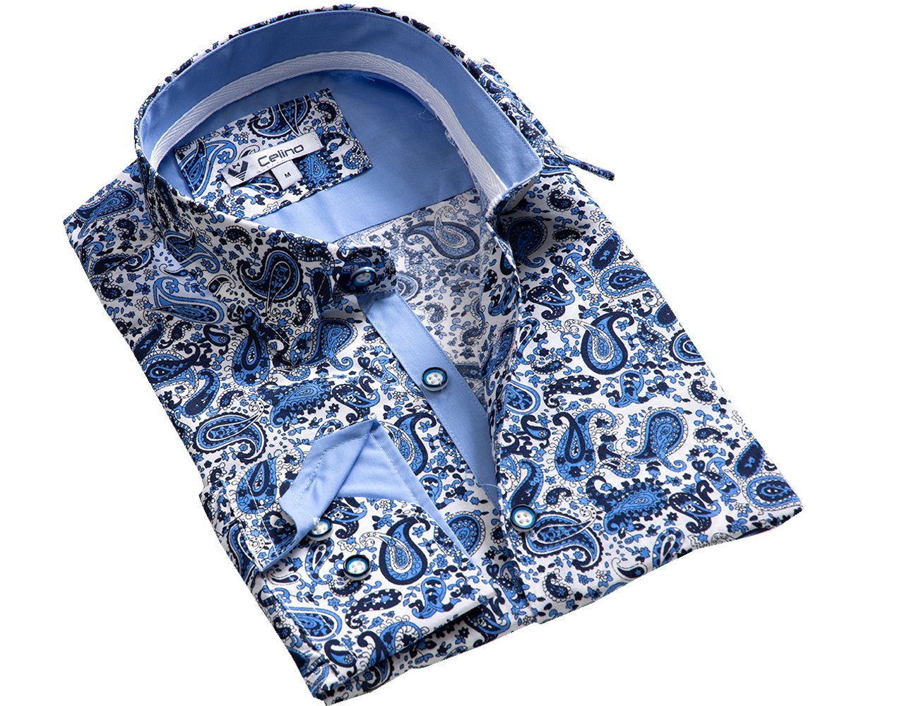 CEBD8575 Cream Blue Paisley Mens Slim Fit Designer Dress Shirt - tailored Cotton Shirts for Work and Casual - Image 1