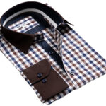 Brown + Blue Check Mens Slim Fit Designer Dress Shirt - tailored Cotton Shirts for Work and Casual