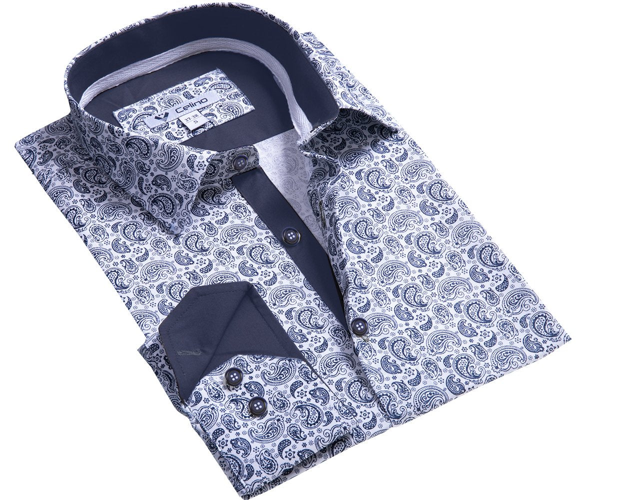CEBD8885 Blue Paisley Mens Slim Fit Designer Dress Shirt - tailored Cotton Shirts for Work and Casual Wear - Image 1