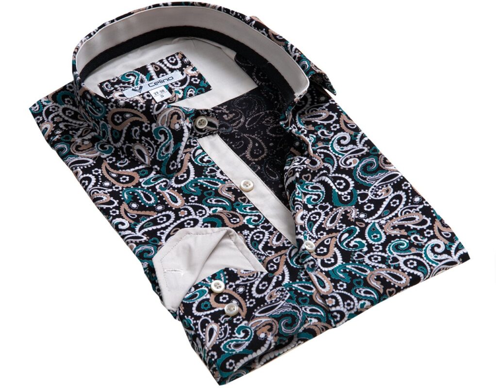 Black Multi Paisley Mens Slim Fit Designer Dress Shirt - tailored Cotton Shirts for Work and - Celino Corp.