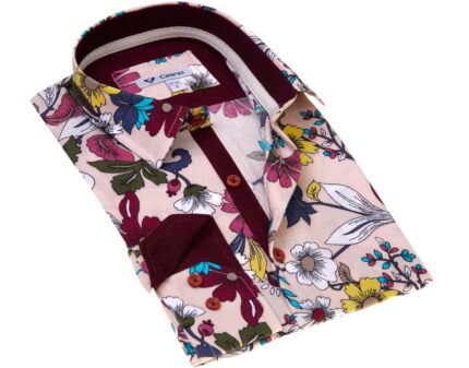 Cream Colorful Floral Mens Slim Fit Designer Dress Shirt - tailored Cotton Shirts for Work and - Celino Corp.