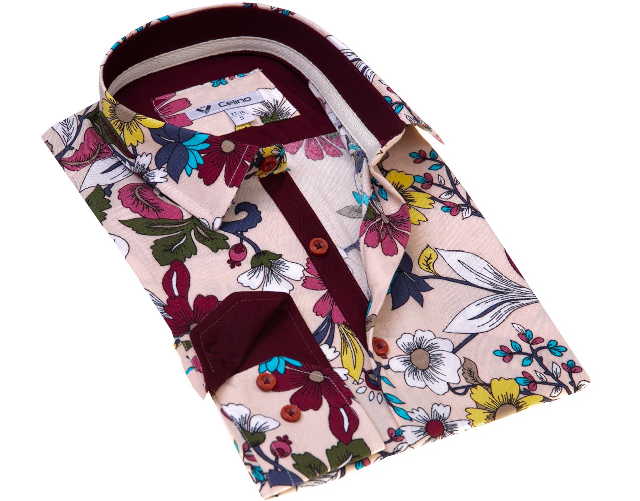 CEBD8910 Cream Colorful Floral Mens Slim Fit Designer Dress Shirt - tailored Cotton Shirts for Work and - Celino Corp.