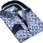 Blue White Graphic Design Mens Slim Fit Designer Dress Shirt - tailored Cotton Shirts for Work and