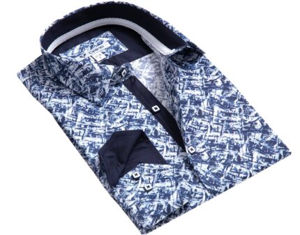 Blue White Graphic Design Mens Slim Fit Designer Dress Shirt - tailored Cotton Shirts for Work and
