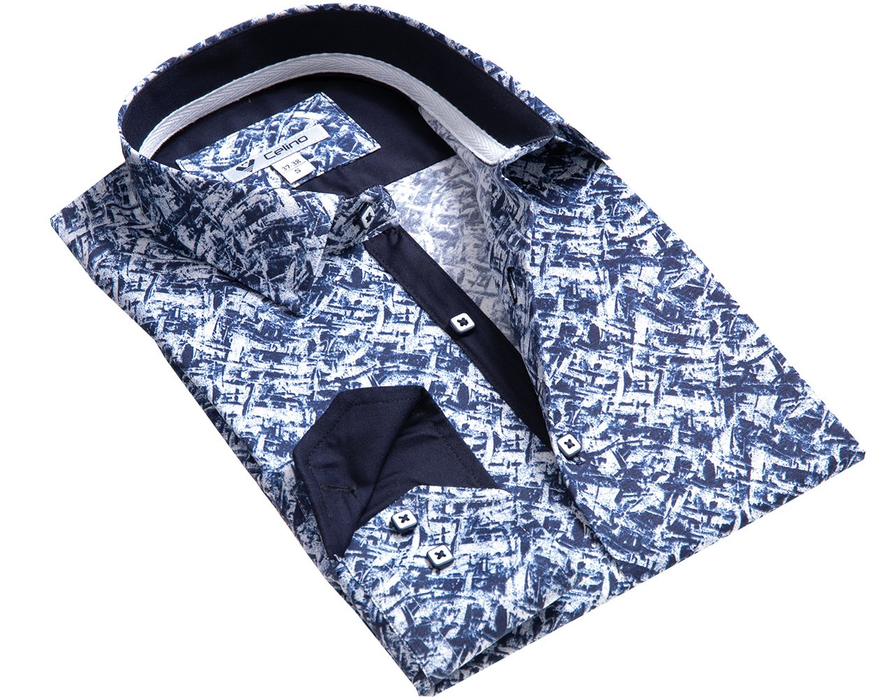 CEBD8918 Blue White Graphic Design Mens Slim Fit Designer Dress Shirt - tailored Cotton Shirts for Work and - Image 1