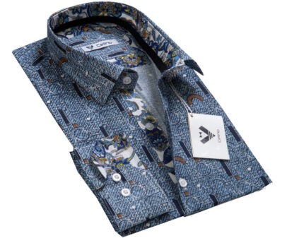 Blue Multi Color Mens Slim Fit Designer Dress Shirt - tailored Cotton Shirts for Work and Casual