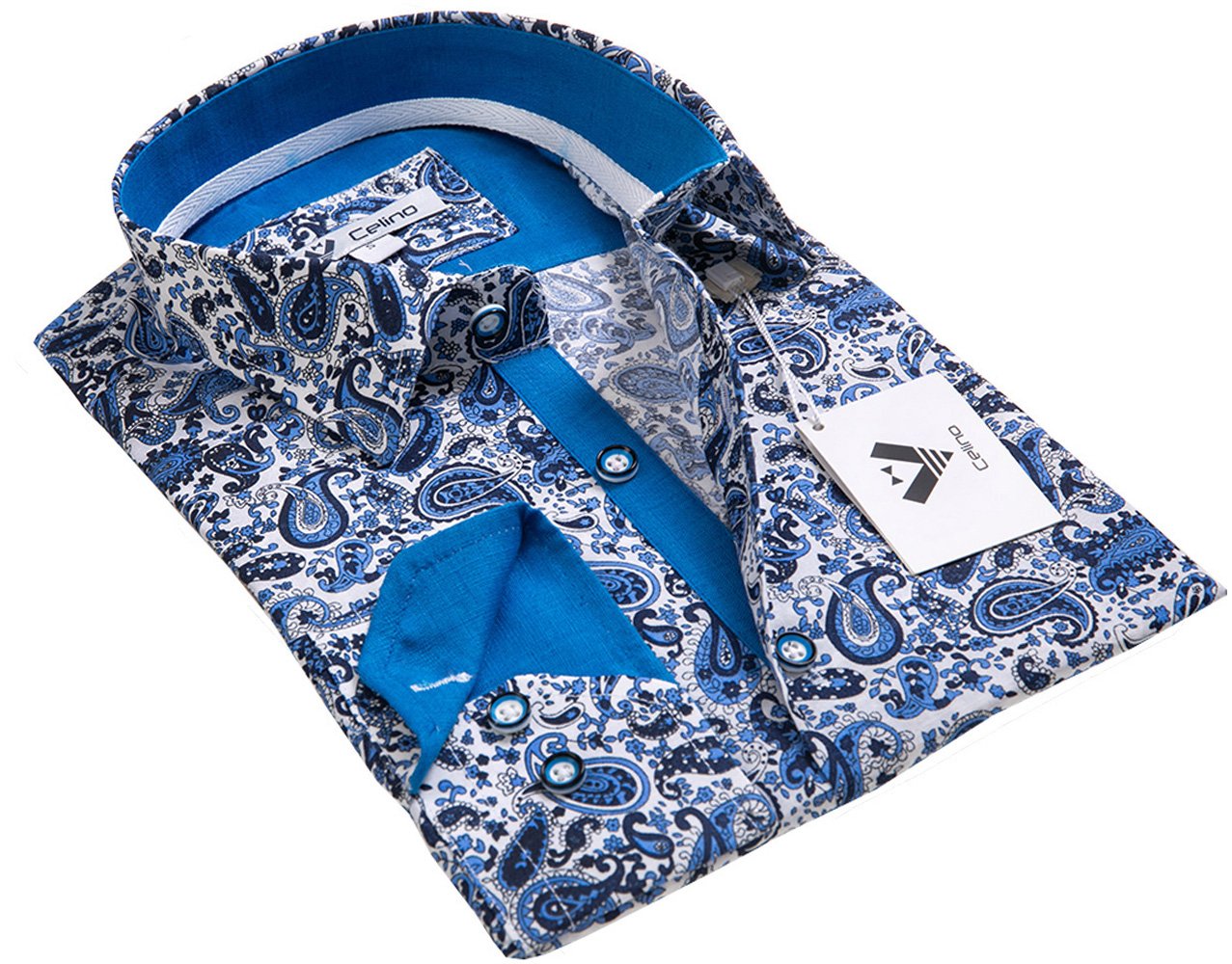 CEBD8934 Blue Paisley Mens Slim Fit Designer Dress Shirt - tailored Cotton Shirts for Work and Casual Wear - Image 1